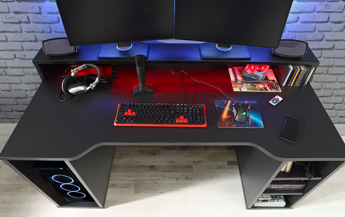 Bureau gamer COMPETITION avec éclairage LED bleu, en métal noir